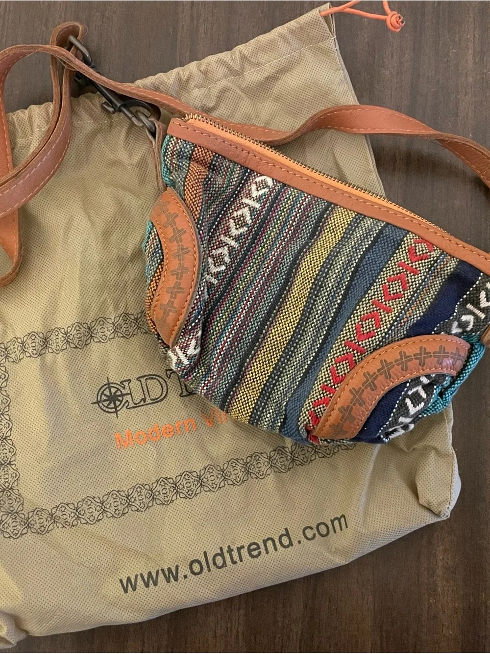 Multicolor Woven Crossbody Bag with Brown Trim